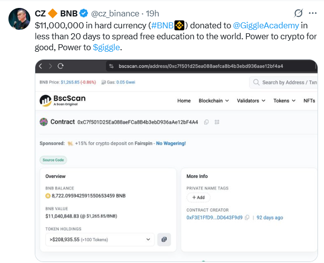 CZ BNB Donation Tweet